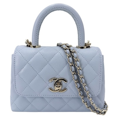 CHANEL シャネル 2WAY マトラッセ ココマーク ココハンドル ハンドバッグ チェーン キャビアスキン ライトブルー ゴールド金具 レディース 美品【中古品】