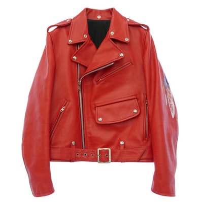 COMME des GARCONS HOMME HOMME コムデギャルソンオムオム 01AW IC-J070 オムオム フレイムペイント レザー ダブルライダース ジャケット レッド系【中古】