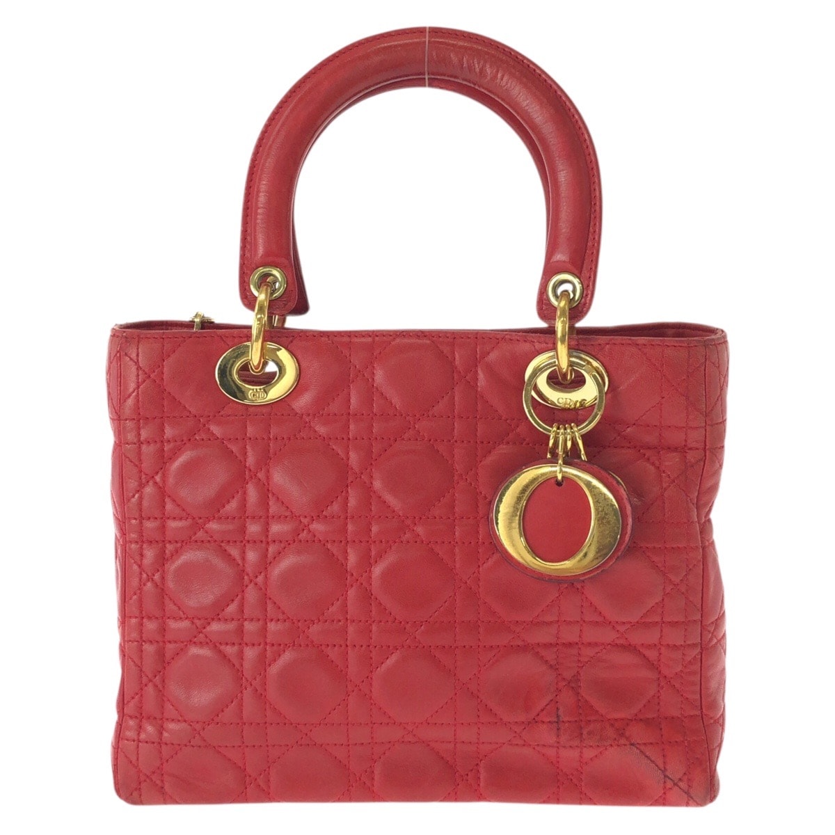 Christian Dior クリスチャンディオール ヴィンテージ レディ ディオール カナージュ レッド ゴールド金具 レザー ハンドバッグ 603197 【中古】