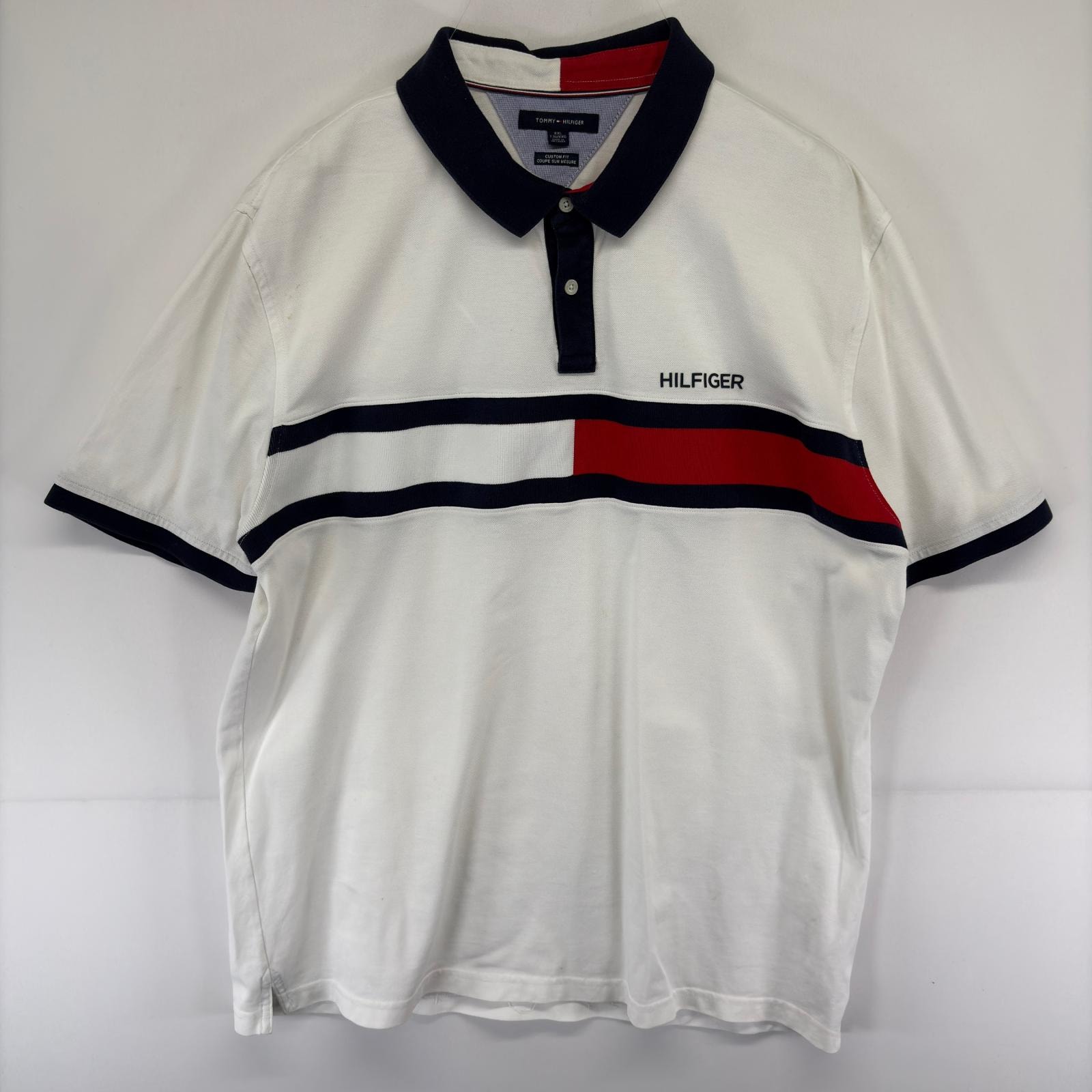 古着 トミーヒルフィガー TOMMY HILFIGER 鹿の子 半袖シャツ 大きいサイズ フラッグ ポロシャツ ワンポイント 2XL ホワイト系 メンズ