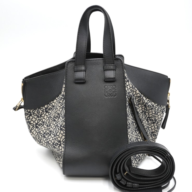 LOEWE(ロエベ)ハンモックバッグ スモール アナグラムジャガード 2WAY ハンドバッグ ショルダーバッグ ブラック ベージュ キャンバス レザー ゴールド金具 レディース【中古】