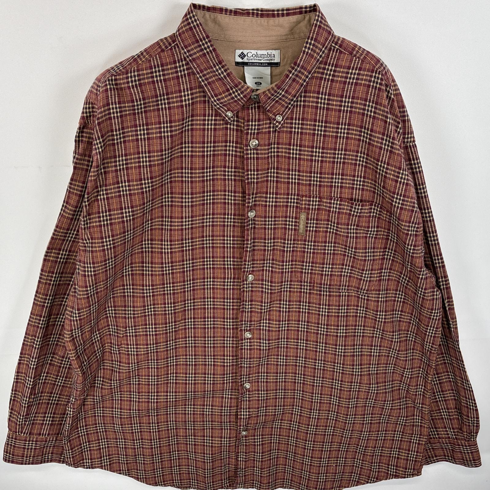 古着 コロンビア Columbia 長袖シャツ ボタンダウンシャツ 大きいサイズ ワンポイント ロゴ 2X  レッド系 チェック メンズ