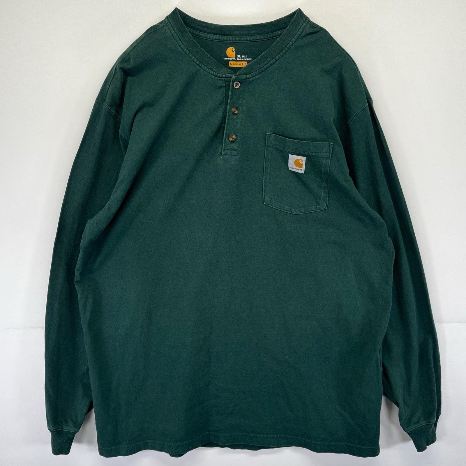 古着 カーハート Carhartt 長袖Tシャツ ワンポイントロゴ ヘンリーネック 大きいサイズ 胸ポケット XL TALL  グリーン メンズ