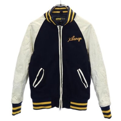 XLARGE エクストララージ ウールブレンド スタジャン S 紺 羊革レザー袖 皮