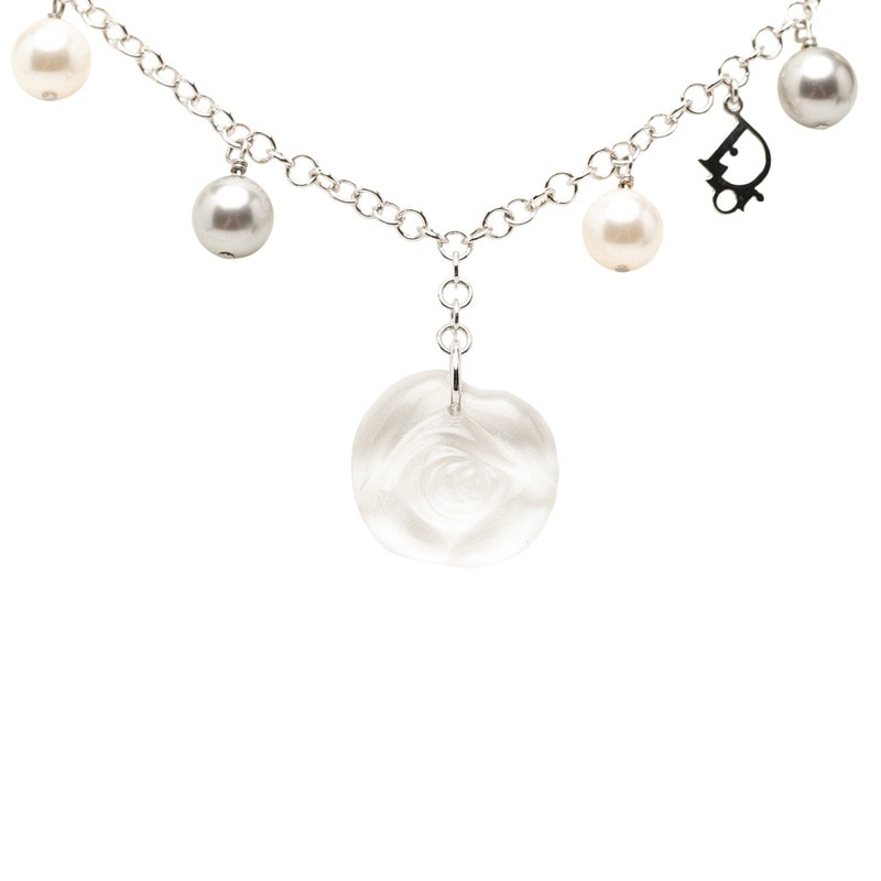 ディオール ローズ フラワー モチーフ ネックレス シルバー メタル プラスチック フェイクパール レディース Dior 【中古】
