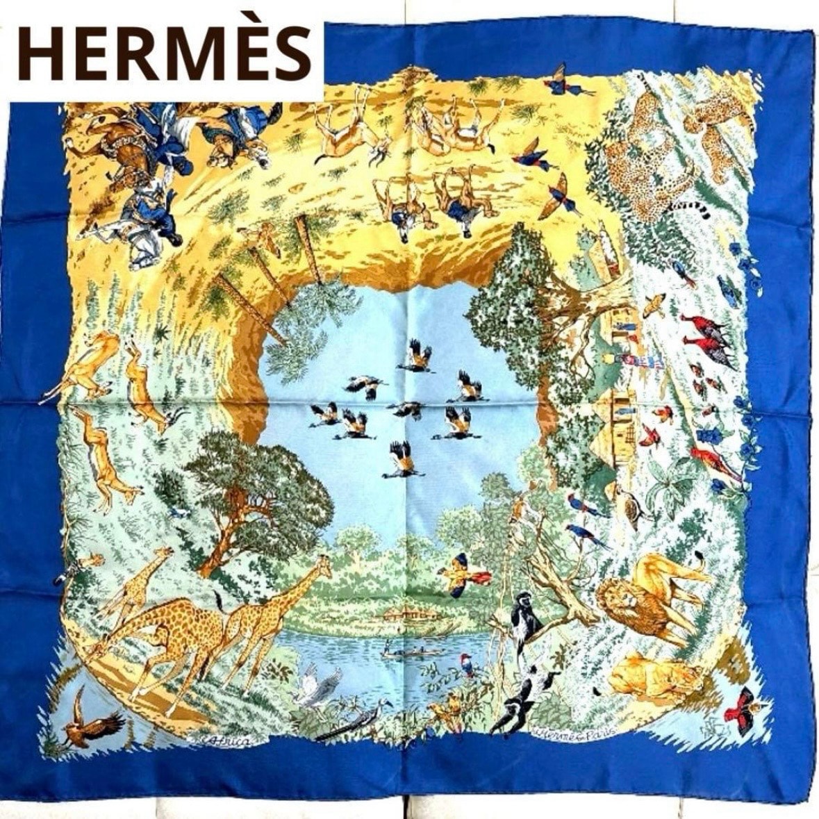 美品 エルメス HERMES カレ90 Africa アフリカ ロベールダレ 大判スカーフ カレ シルク100% 動物柄 アニマル キリン ライオン チーター ブルー 青 マルチカラー フランス製 正規品 レディース バンダナ ギフト 誕生日