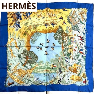 美品 エルメス HERMES カレ90 Africa アフリカ ロベールダレ 大判スカーフ カレ シルク100% 動物柄 アニマル キリン ライオン チーター ブルー 青 マルチカラー フランス製 正規品 レディース バンダナ ギフト 誕生日