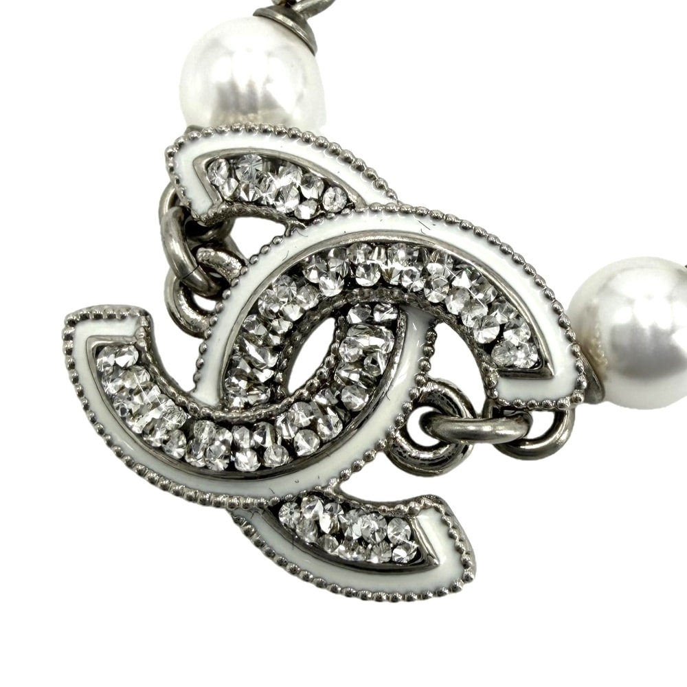CHANEL シャネル ネックレス ココマーク アクセサリー アジャスター付き ラインストーン フェイクパール A25C シルバー レディース 約16.4g 美品 2025年【中古品】