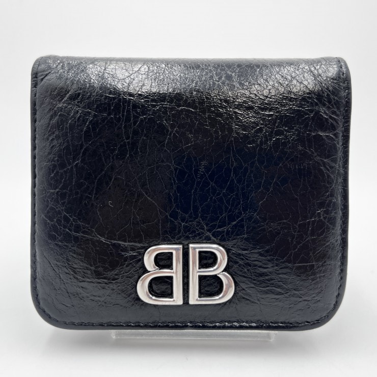 BALENCIAGA(バレンシアガ)モナコ スクエア フォールド コイン ウォレット 二つ折り財布 BBロゴ レザー ブラック シルバー金具 レディース【中古】