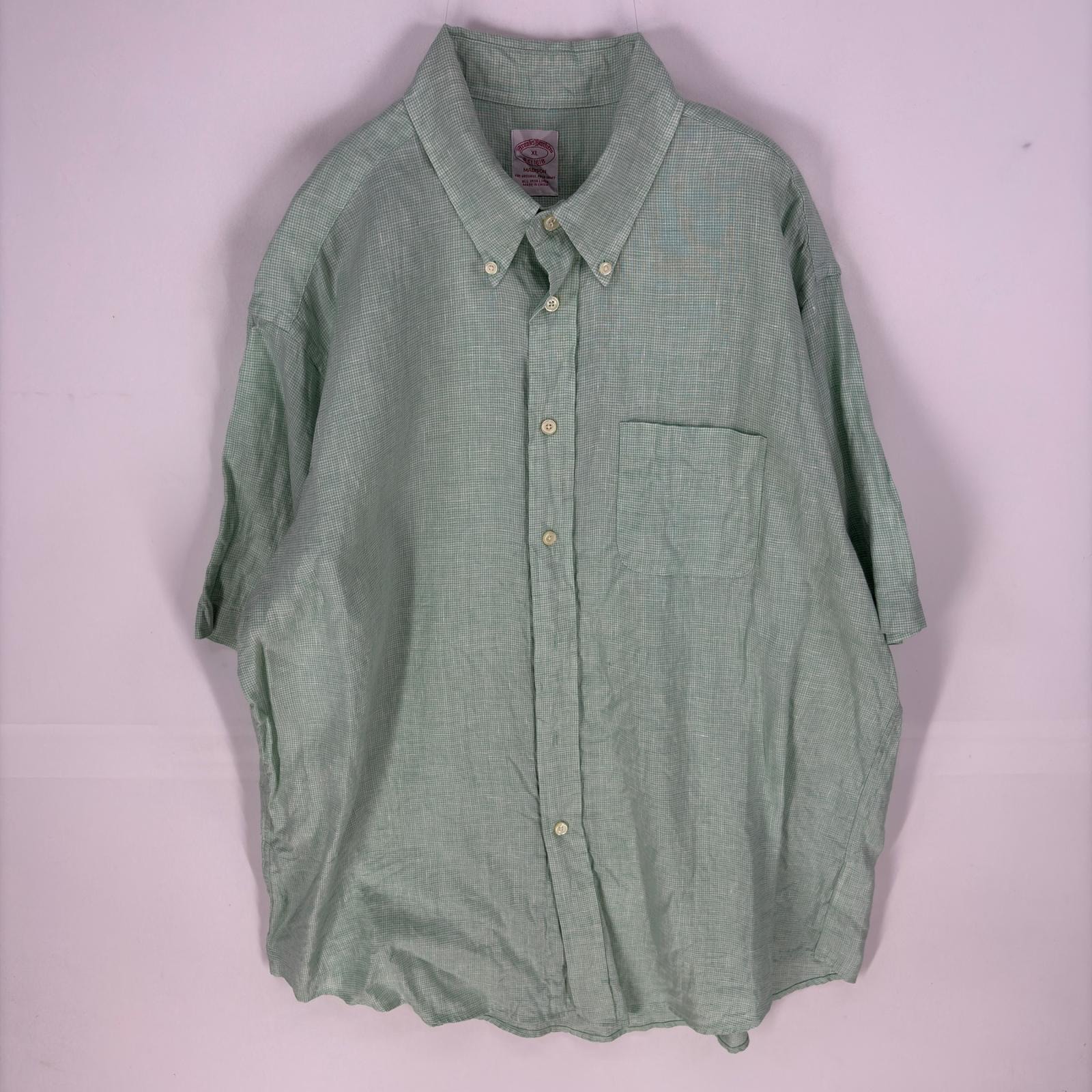古着 ブルックスブラザーズ Brooks Brothers 半袖シャツ ボタンダウン 胸ポケット 1818 リネンシャツ XL グリーン系 メンズ