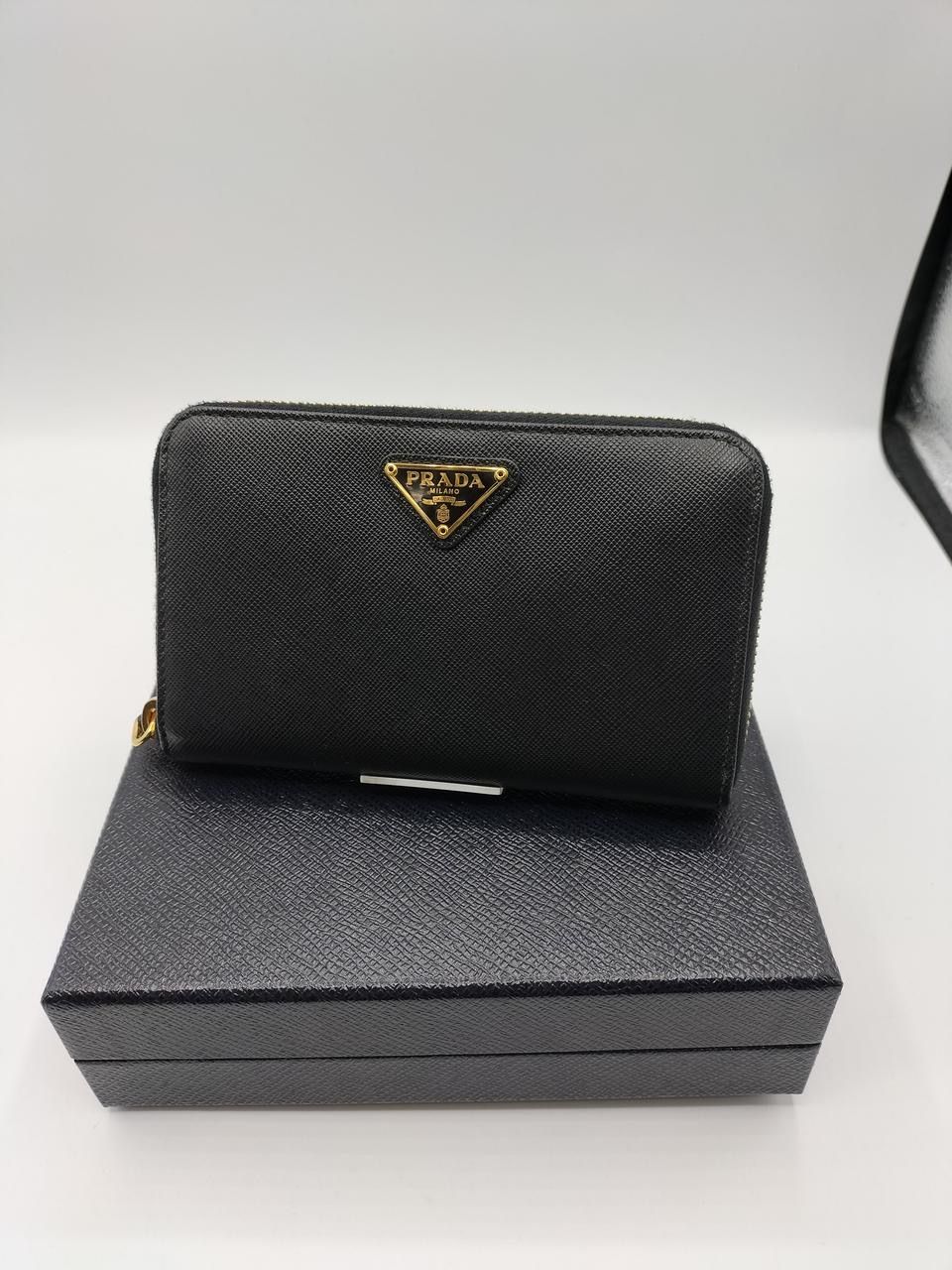 PRADA Saffiano Leather Metal Logo Zip Wallet "Black"