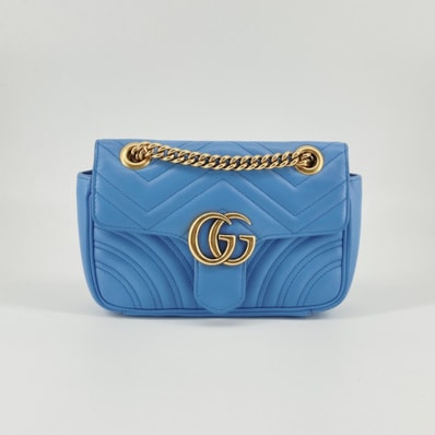 GUCCI(グッチ) GGマーモント スモール キルティングレザー チェーン 446744 ショルダーバッグ スカイブルー×ゴールド