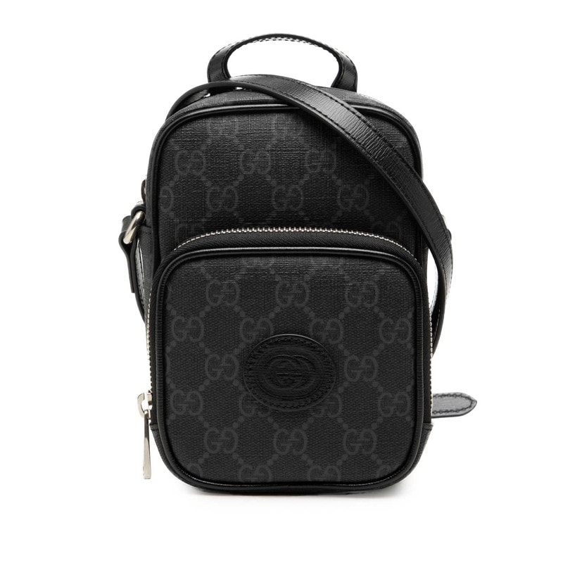 グッチ GGスプリーム インターロッキングG 斜め掛け ショルダーバッグ 672952 ブラック グレー PVC レザー レディース GUCCI 中古