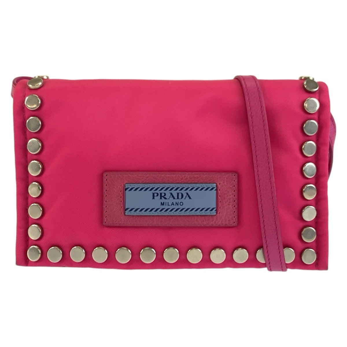 PRADA プラダ エティケット スタッズ ピンク ブルー シルバー金具 ナイロン ショルダーバッグ ポシェット 1-0268070 【中古】