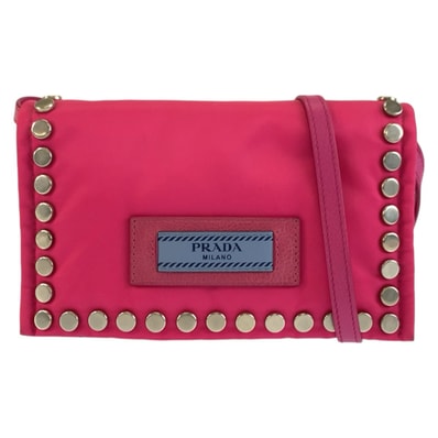 PRADA プラダ エティケット スタッズ ピンク ブルー シルバー金具 ナイロン ショルダーバッグ ポシェット 1-0268070 【中古】