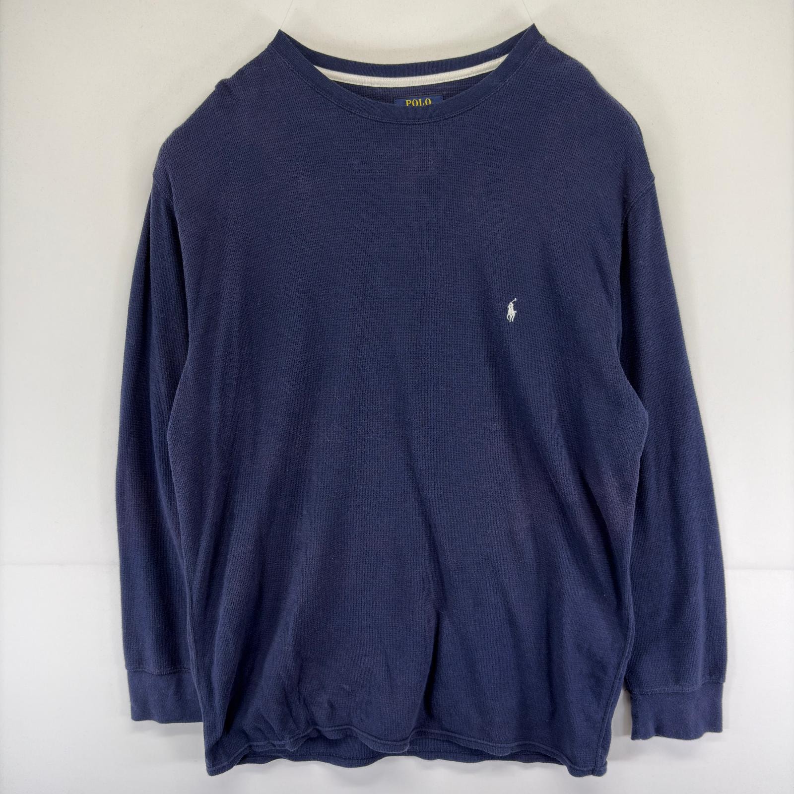 古着 ポロ・ラルフローレン POLO RALPH LAUREN 長袖Tシャツ ワンポイント ロゴ 刺繍 クルーネック サーマル 3XL  ネイビー系 メンズ