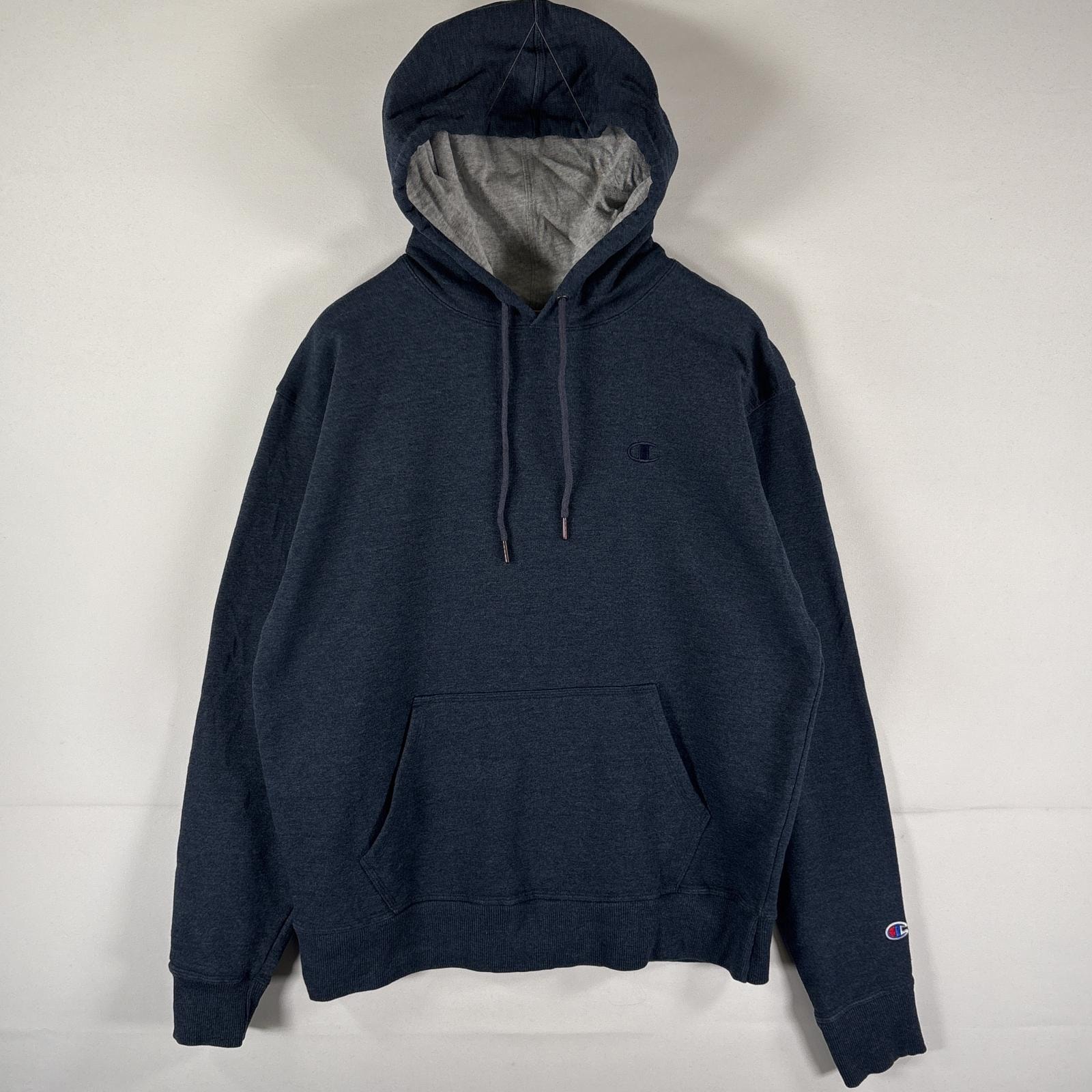 古着 チャンピオン Champion パーカー スウェット ワンポイントロゴ刺繍 フーディ プルオーバー マフポケット M  ネイビー系 メンズ