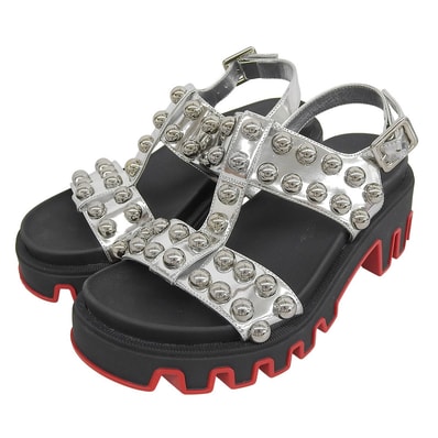 クリスチャンルブタン Duniclou デュニクルー スタッズ アンクルストラップ ヒールサンダル ブラック×シルバー 36 36