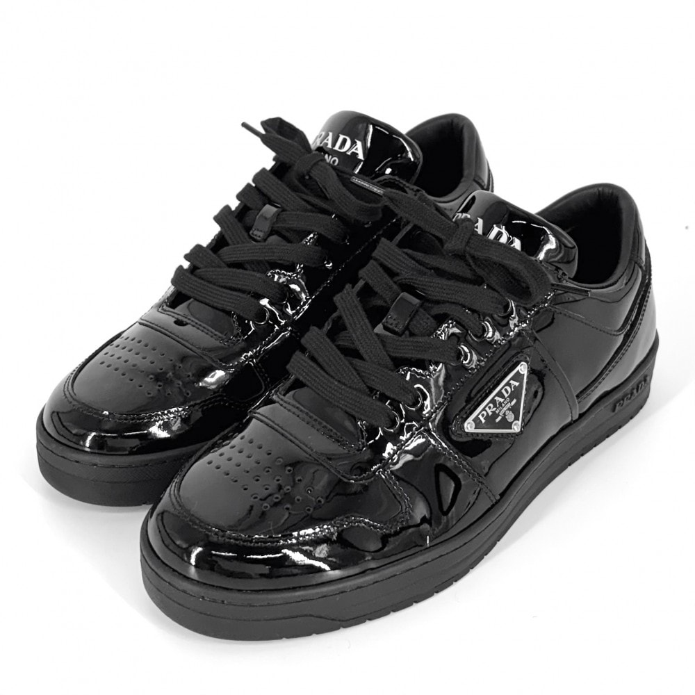PRADA プラダ スニーカー ダウンタウン トライアングルロゴ ローカット 靴 約24cm 5サイズ 2EE364 エナメル    ブラック 黒 シルバー金具 メンズ 美品【中古品】
