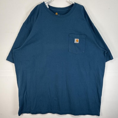 古着 カーハート Carhartt 半袖Tシャツ 大きいサイズ 肉厚 ワンポイント ロゴ 胸ポケ 2XL ブルー系 無地 メンズ