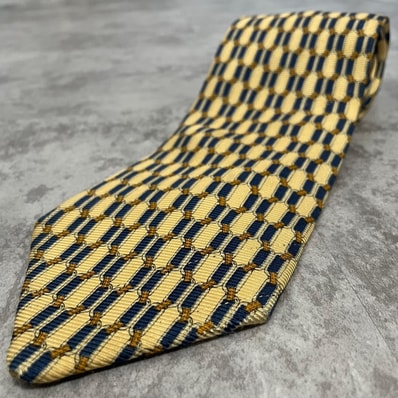 【Brooks Brothers】ブルックスブラザーズ チェーンリンク 格子柄 ジャカード ネクタイ ベージュ ネイビー シルク100% アメリカ製 メンズ