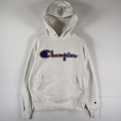 古着 チャンピオン Champion パーカー リバースウィーブ プルオーバー フーディ スウェット ワッペン ビッグロゴ SMALL ホワイト メンズ