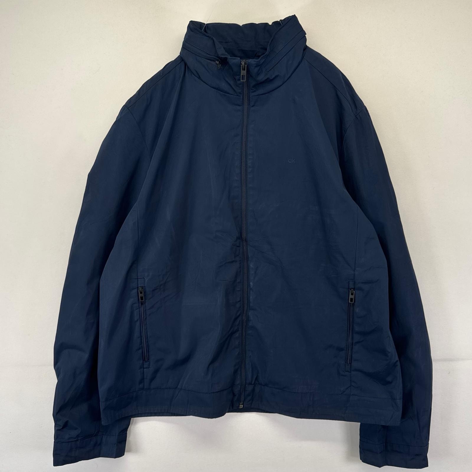古着 カルバンクライン Calvin Klein ジャケット フルジップ ナイロン パーカー ワンポイントロゴ  大きいサイズ XL  ネイビー系 メンズ