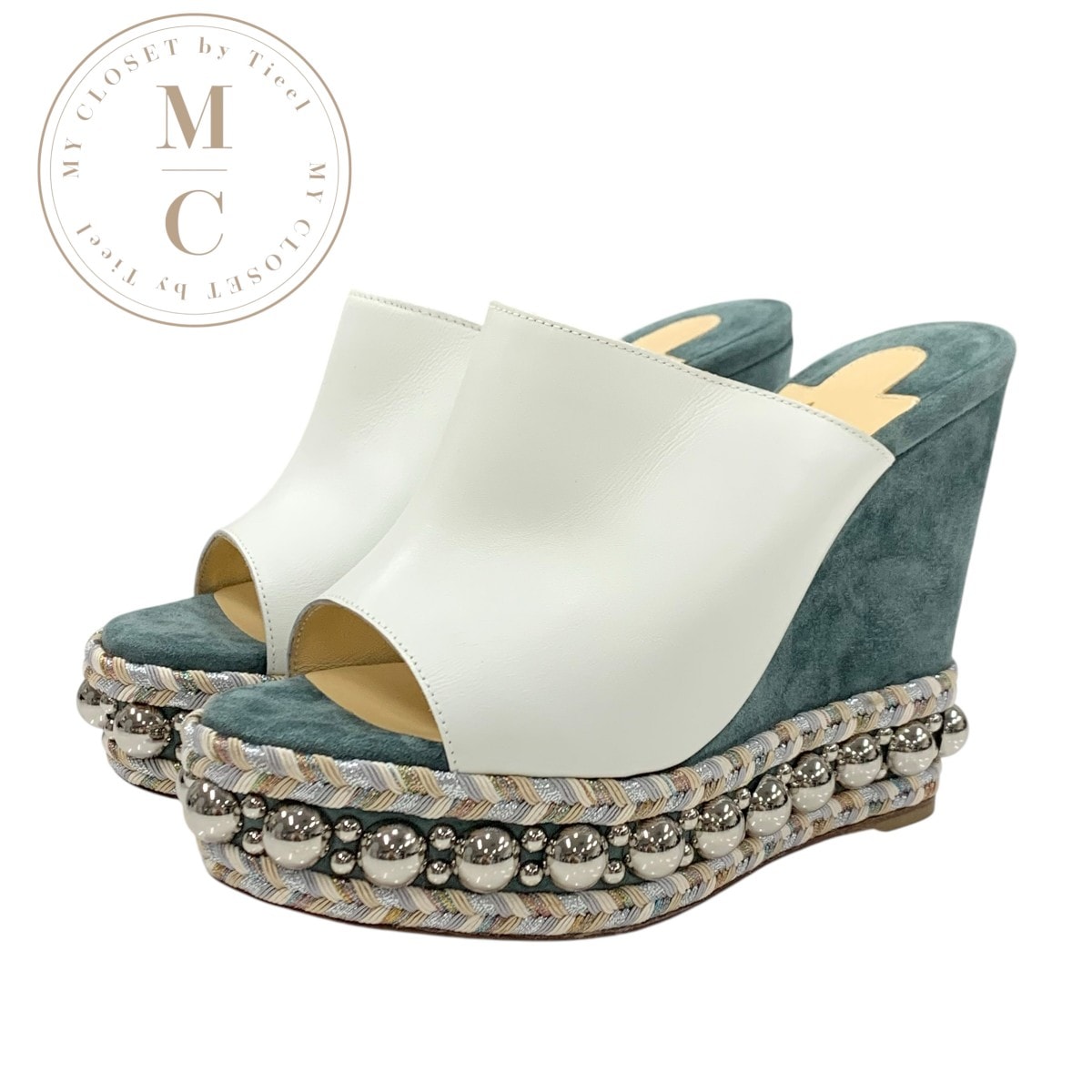 クリスチャンルブタン Christian Louboutin サンダル 靴 シューズ レザー スエード ホワイト グリーン シルバー 未使用 丸スタッズ ミュール ウェッジソール