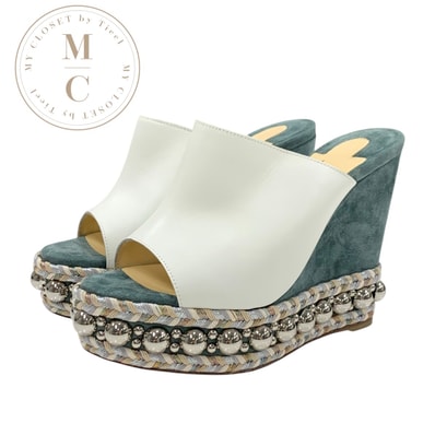 クリスチャンルブタン Christian Louboutin サンダル 靴 シューズ レザー スエード ホワイト グリーン シルバー 未使用 丸スタッズ ミュール ウェッジソール