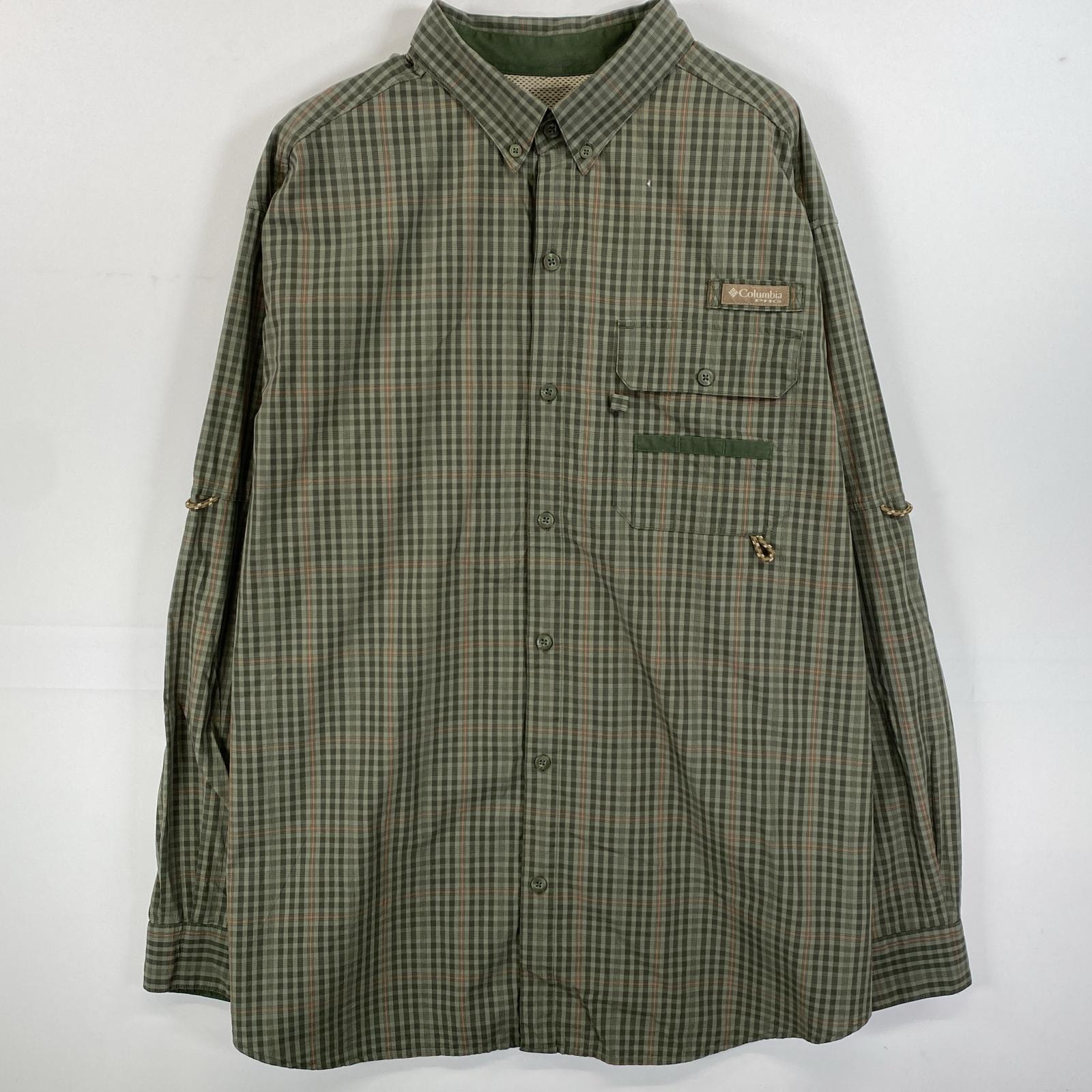 古着 コロンビア Columbia 長袖シャツ PHG ワンポイントロゴ ビックサイズ  カーキ系 チェック メンズ