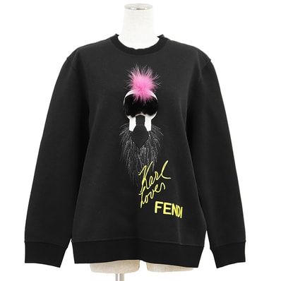 【新品同様】FENDI フェンディ スウェット サイズ 44 レディース カール・ラガーフェルド ファー エンブロイダリー 刺繍 プルオーバー クルーネック ロングスリーブ 丸首 長袖 トップス ブラック 黒 イタリア製