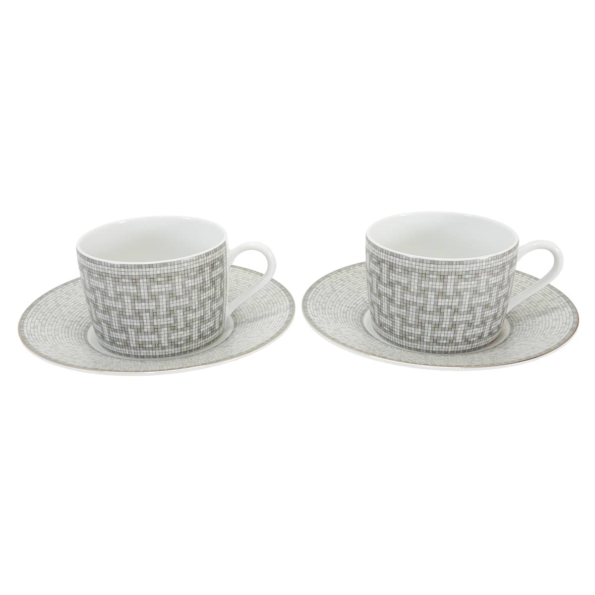 【渋谷並木橋店】HERMES エルメス 食器 ティーカップ&ソーサー 2客セット モザイク 24 160ml プラチナ ポーセリン(陶器) 新品