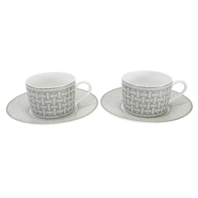 【渋谷並木橋店】HERMES エルメス 食器 ティーカップ&ソーサー 2客セット モザイク 24 160ml プラチナ ポーセリン(陶器) 新品