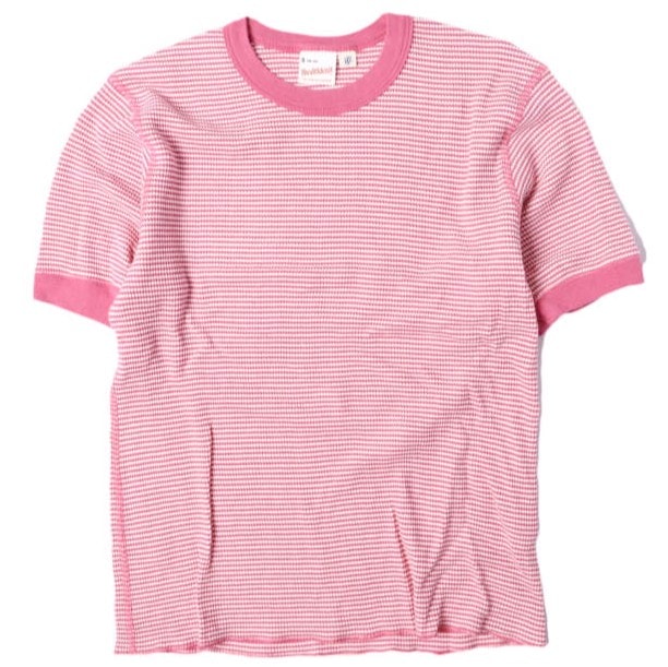 Healthknit x BEAMS BOY ヘルスニット ビームスボーイ 別注 ワッフルボーダーTシャツ S(ONE SIZE) PINK 半袖 サーマル トップス g13752
