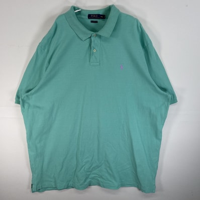 古着 ポロ・ラルフローレン POLO RALPH LAUREN 鹿の子 半袖 ポロシャツ ロゴ 刺繍 大きいサイズ 2ボタン 14041 水色系 無地 メンズ