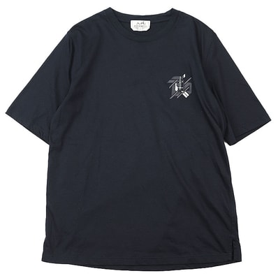 【美品】 エルメス 2023SS Tシャツ ラムレザー ワッペン コットン100% 半袖Tシャツ メンズ ダークネイビー S HERMES
