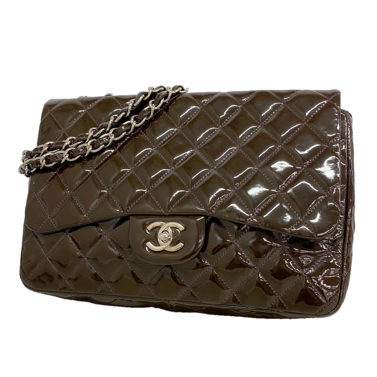 【6kb0662】シャネル ショルダーバッグ デカマトラッセ Wチェーン パテントレザー パープル シルバー金具【中古】レディース