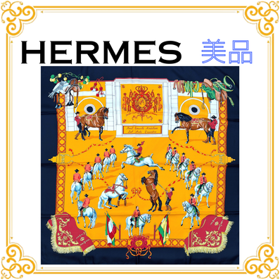 ■美品■ HERMES エルメス カレ90 Real Escuela Andaluza Del Arte Ecuestre アンダルシア馬術学校 レディース スカーフ 黒 ブラック オレンジ シルク ストール ショール 大判