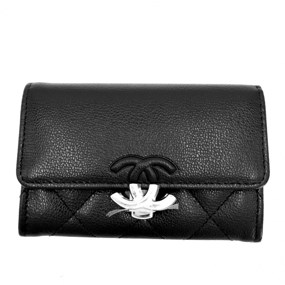 CHANEL シャネル コインケース マトラッセ ココマーク 小銭入れ カードケース 小物  キャビアスキン   ブラック 黒 シルバー金具 レディース 美品【中古品】