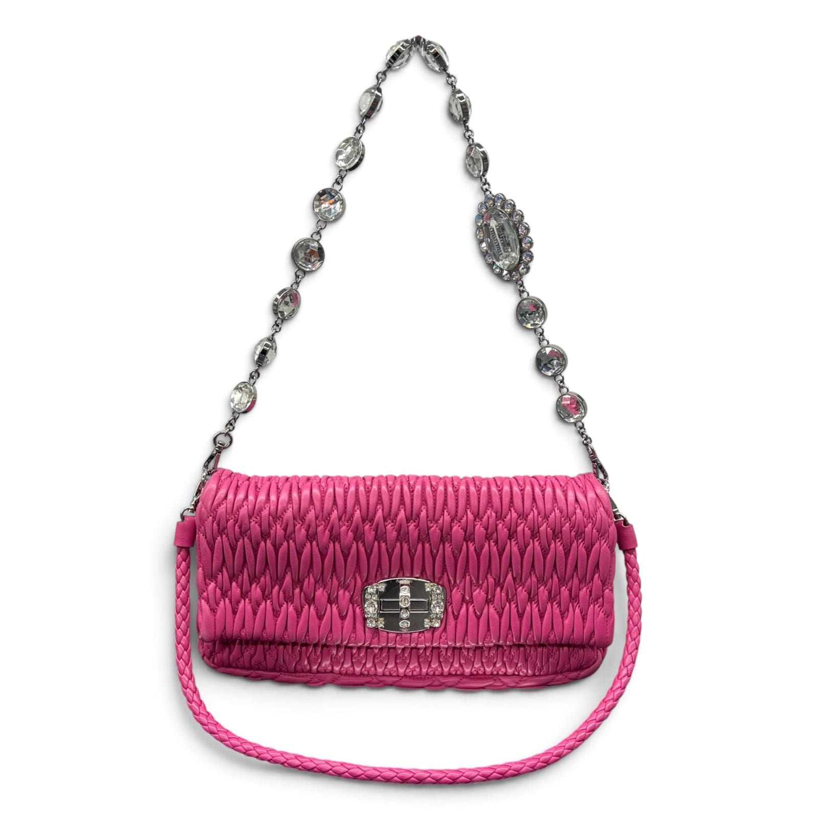 miumiu 美品 ミュウミュウ NAPPA CRYSTAL マテラッセ ナッパクリスタル 3way ショルダーバッグ クラッチバッグ RP0233 レザー ピンク ロゴ ABランク 中古 鑑定済 ミュウミュウバッグ