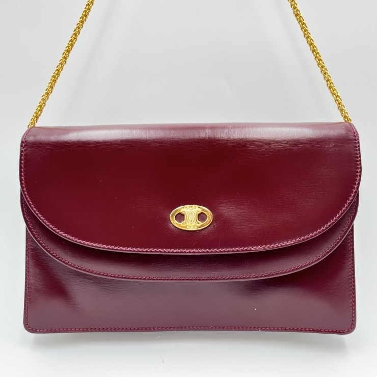 CELINE(セリーヌ)トリオンフ ヴィンテージ チェーンショルダーバッグ レザー ワインレッド ゴールド金具 レディース 斜め掛け可【中古】