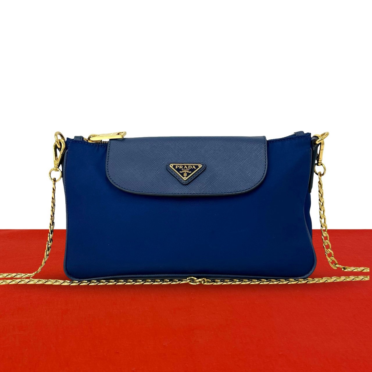 PRADA プラダ 三角ロゴ 金具 ナイロン レザー ショルダーバッグ ブルー
 09337