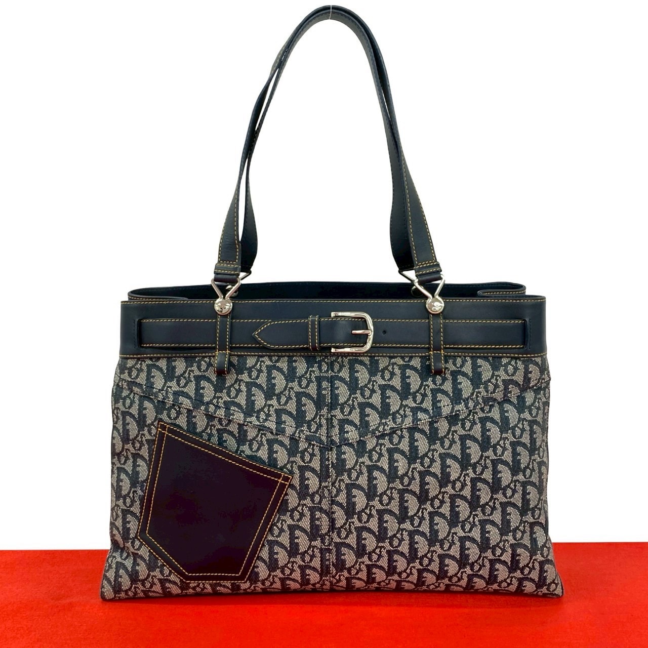 Christian Dior ディオール トロッター 柄 キャンバス レザー トートバッグ ネイビー
 40148