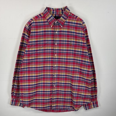古着 ラルフローレン RALPH LAUREN 長袖シャツ ボタンダウンシャツ ワンポイント ロゴ 刺繍 肉厚 XL レッド系 マルチカラー メンズ