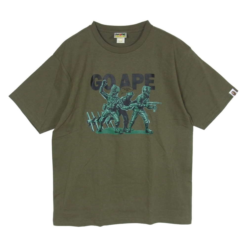 A BATHING APE アベイシングエイプ Tシャツ GO APE ゴーエイプ 兵隊プリント クルーネック 半袖 Tシャツ カーキ系 L【中古】
