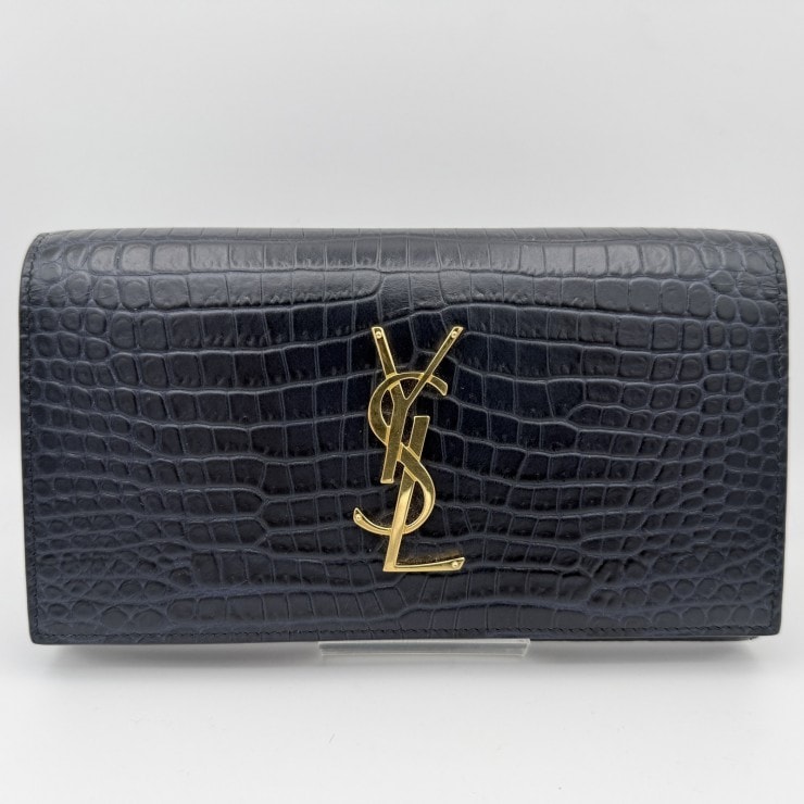【4/23 11:00販売終了予定】SAINT LAURENT(サンローラン)モノグラム フラップ長財布 クロコ型押しレザー ブルー