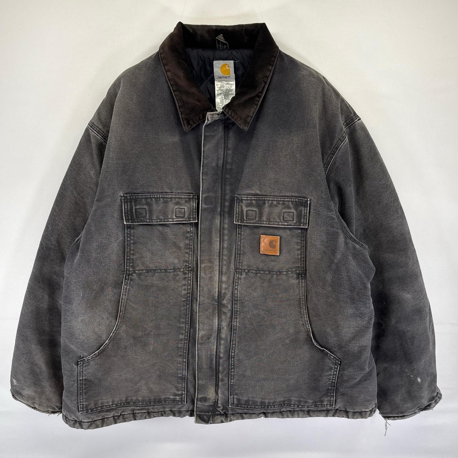古着 カーハート Carhartt ダック ジャケット 中綿 フルジップ ワンポイント ワーク 大きいサイズ 2XL  ブラック系 メンズ