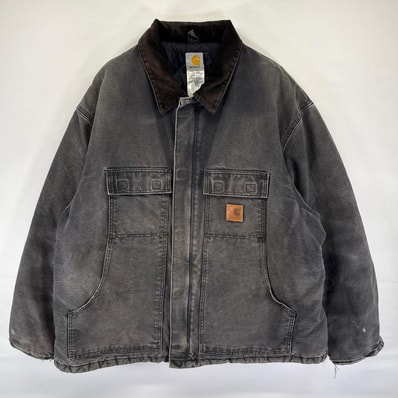 古着 カーハート Carhartt ダック ジャケット 中綿 フルジップ ワンポイント ワーク 大きいサイズ 2XL ブラック系 メンズ