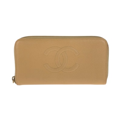 美品 CHANEL シャネル ココマーク ベージュ ゴールド金具 キャビアスキン 長財布 ラウンドファスナー 600842 【中古】