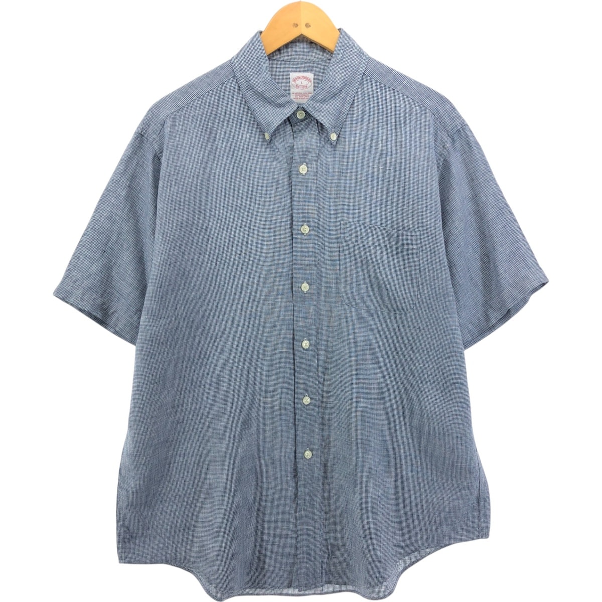 古着 ブルックスブラザーズ Brooks Brothers Est.1818 千鳥格子柄 半袖 リネン ボタンダウンシャツ メンズL相当/eaa552956